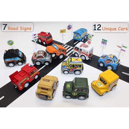 Az Trading & Import Pull Back & Go Mini Cars & 7 Road Signs Play Set - 12 Piece, 12PK PS980
